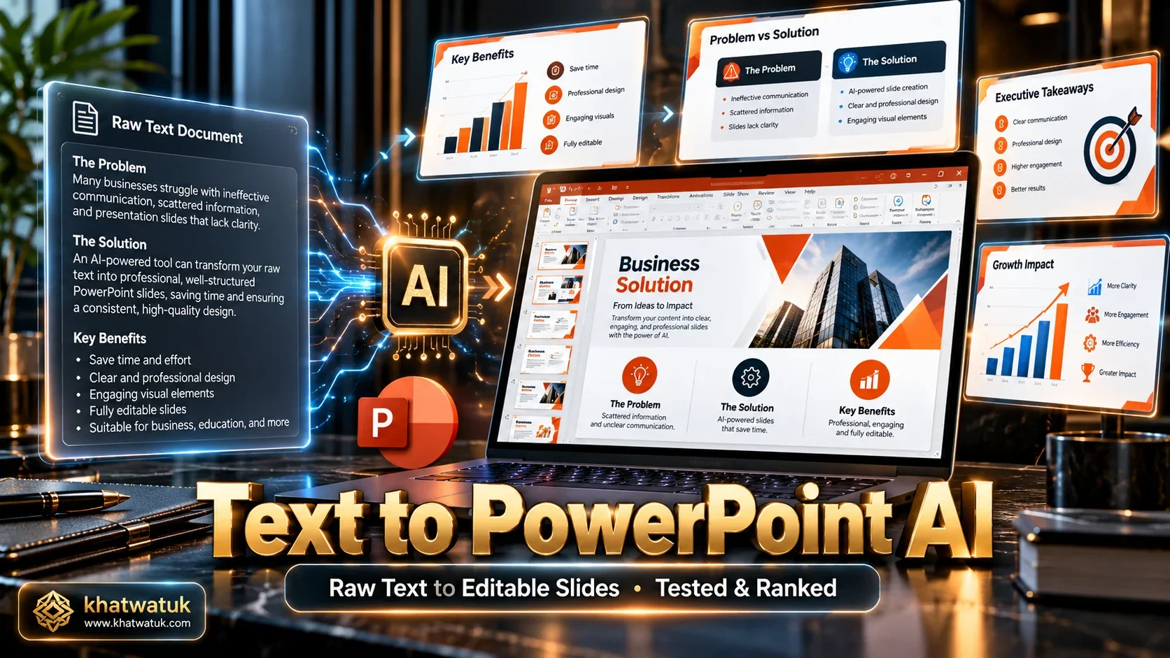 Comprehensive comparison infographic showing raw text converting into fully editable PowerPoint presentation slides.