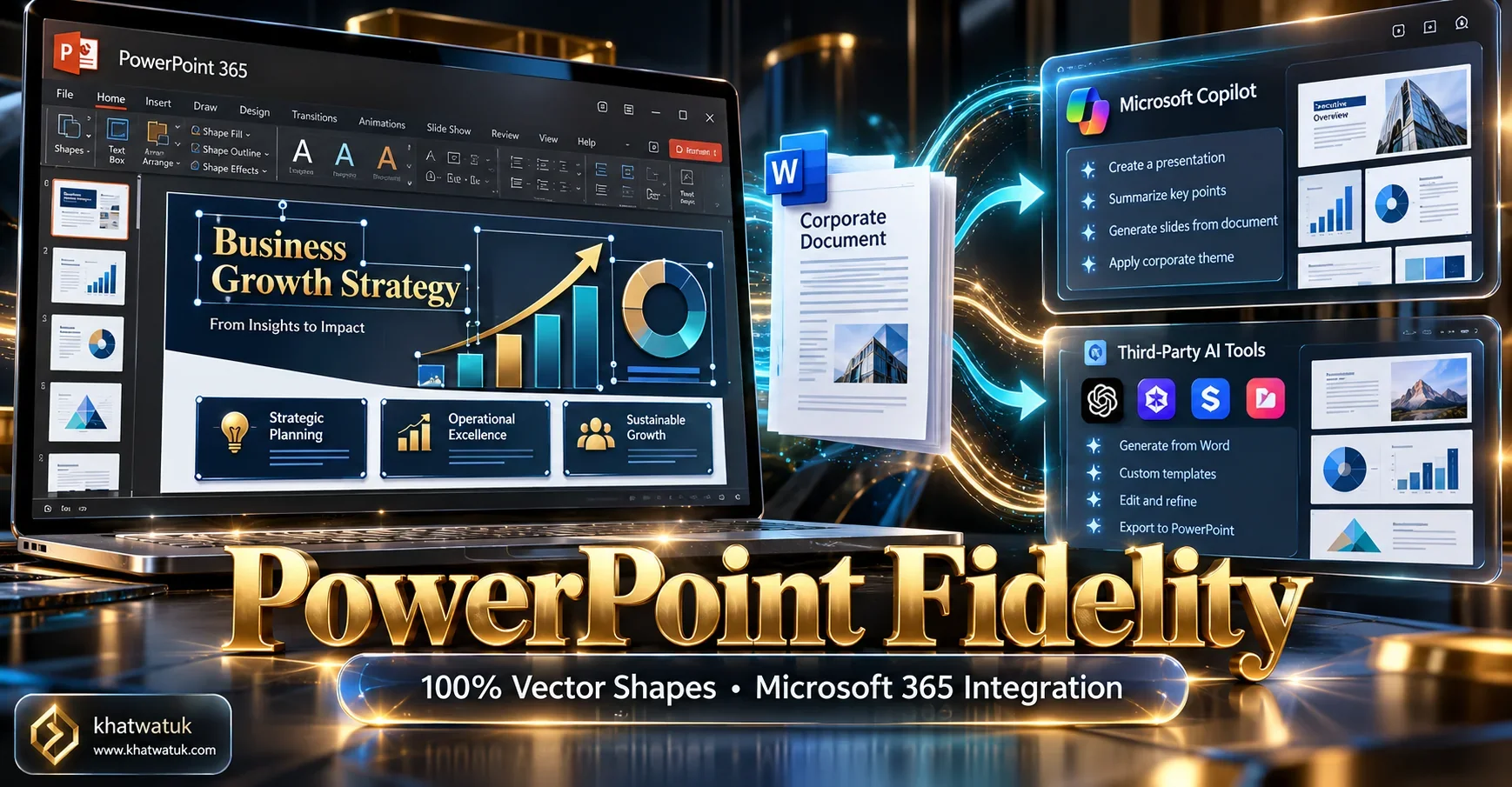 Infographic highlighting native vector shape fidelity and Microsoft PowerPoint 365 compatibility in AI presentation tools.