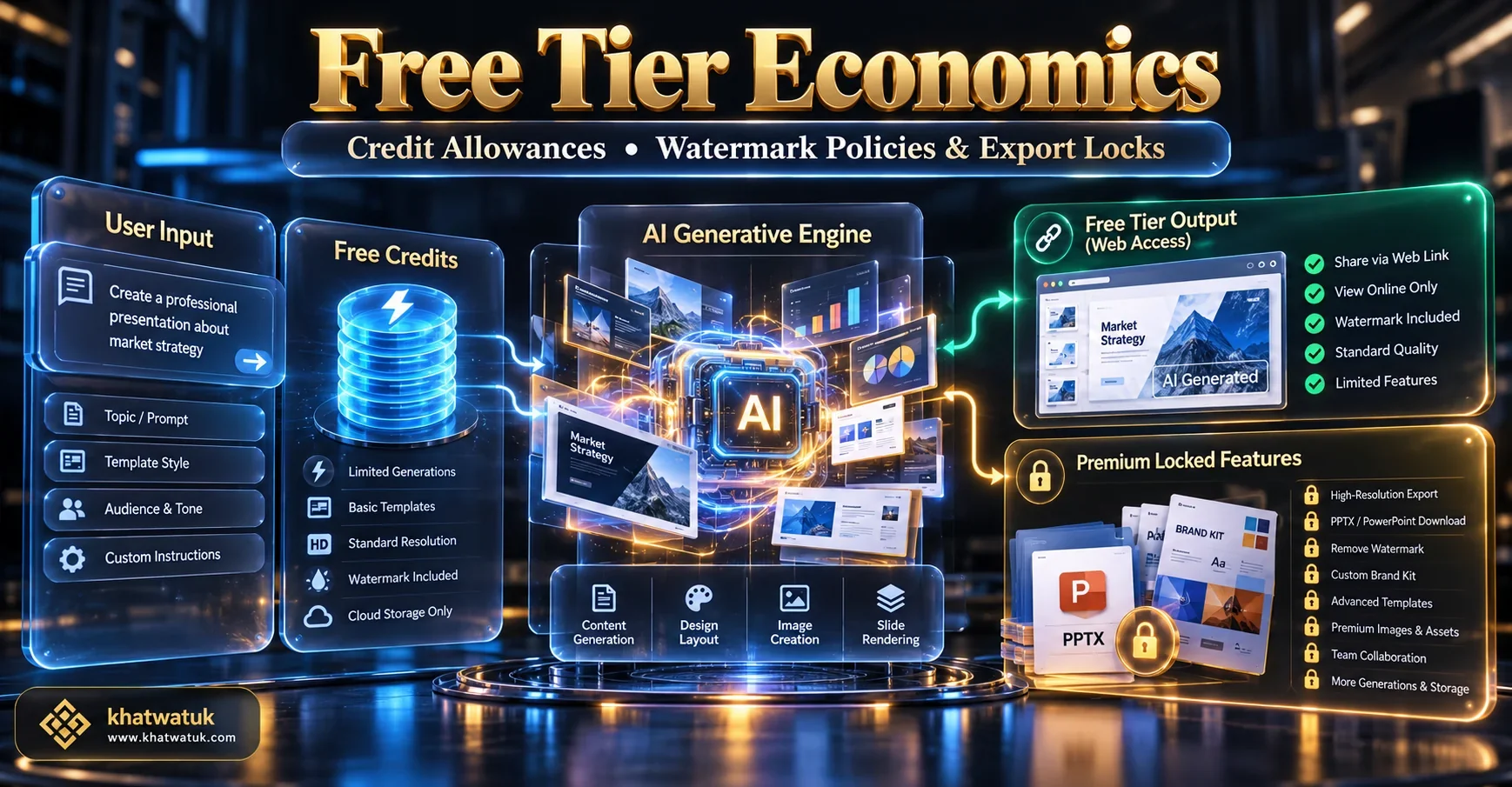 Conceptual diagram illustrating AI presentation free tier credit allowances, export locks, and watermark rules