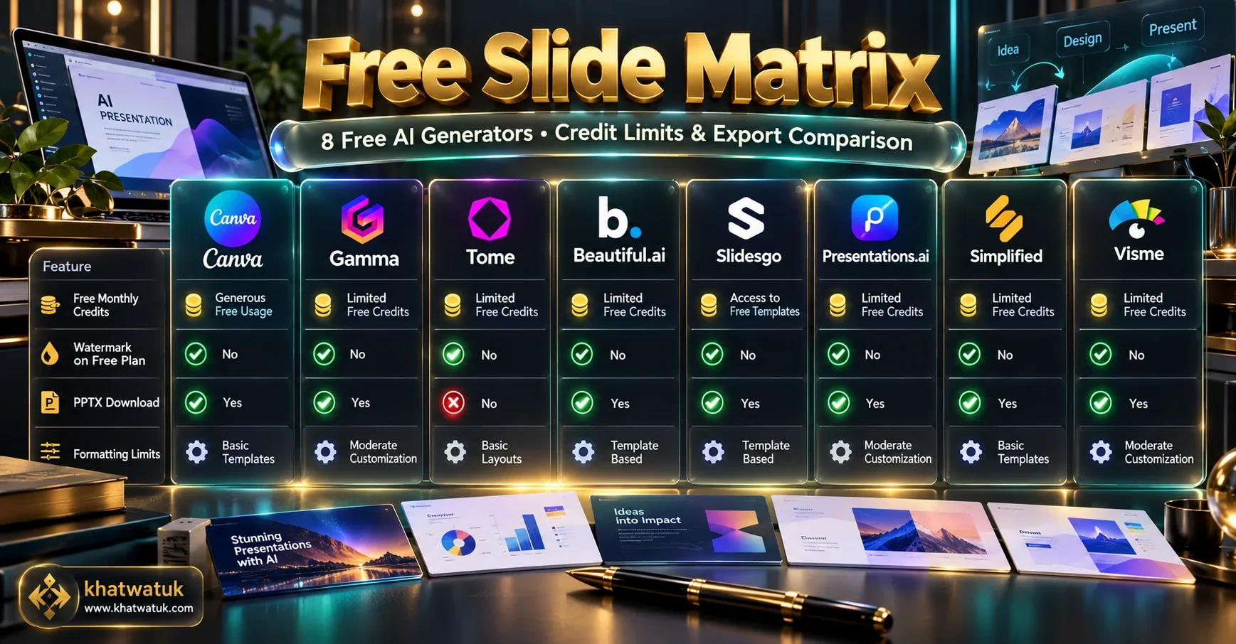 Benchmark matrix comparing 8 free AI presentation makers across free credits, watermarks, and export formats