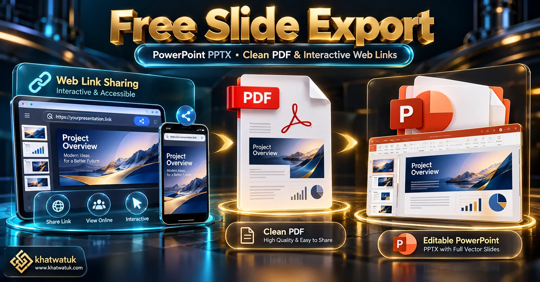 Infographic detailing export options in free AI slide software including PowerPoint PPTX, PDF, and interactive links