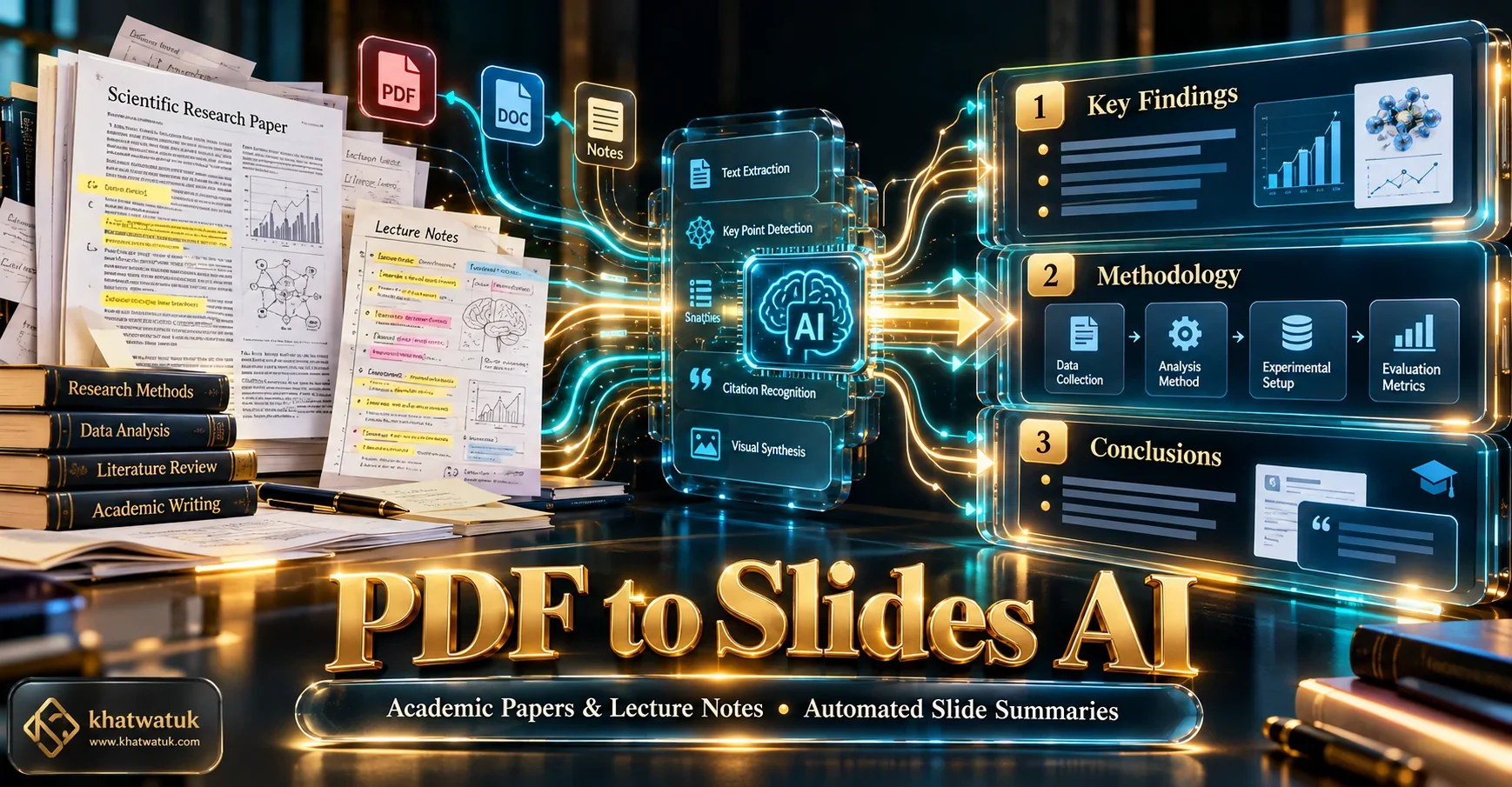 Conceptual diagram showing dense academic research paper converting into structured student presentation slides