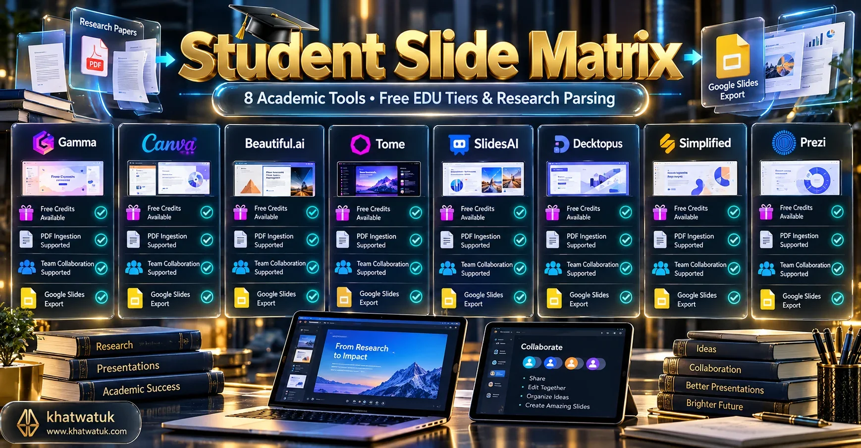 Comparison matrix benchmarking 8 AI presentation tools for students on free credits and academic features