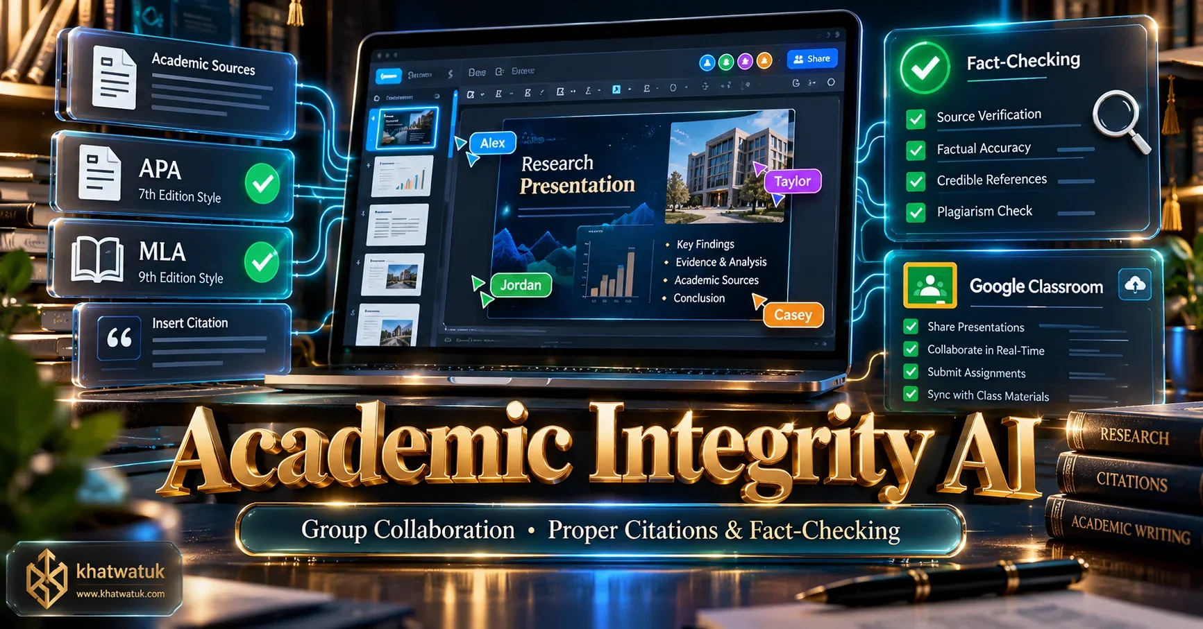 Infographic detailing academic integrity, proper bibliography citations, and group collaboration in student presentation tools
