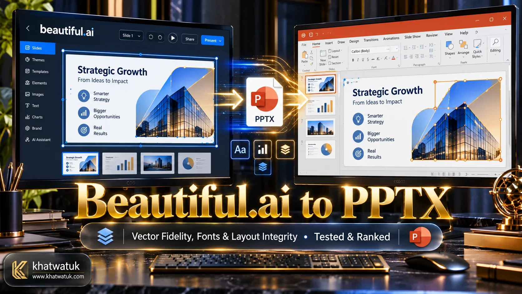 Beautiful.ai export to PowerPoint comparison interface displaying cloud editor alongside desktop PowerPoint vector shapes