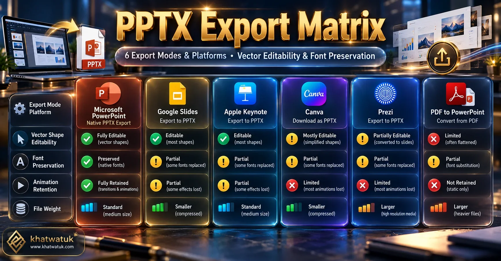 Benchmark matrix comparing Beautiful.ai PowerPoint export modes against competing AI slide generators