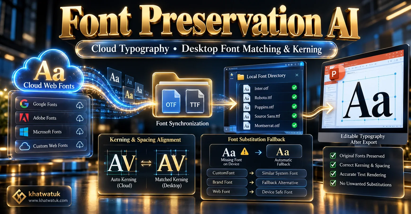 Diagram showing typography matching, font substitution warnings, and desktop font synchronization during PowerPoint export