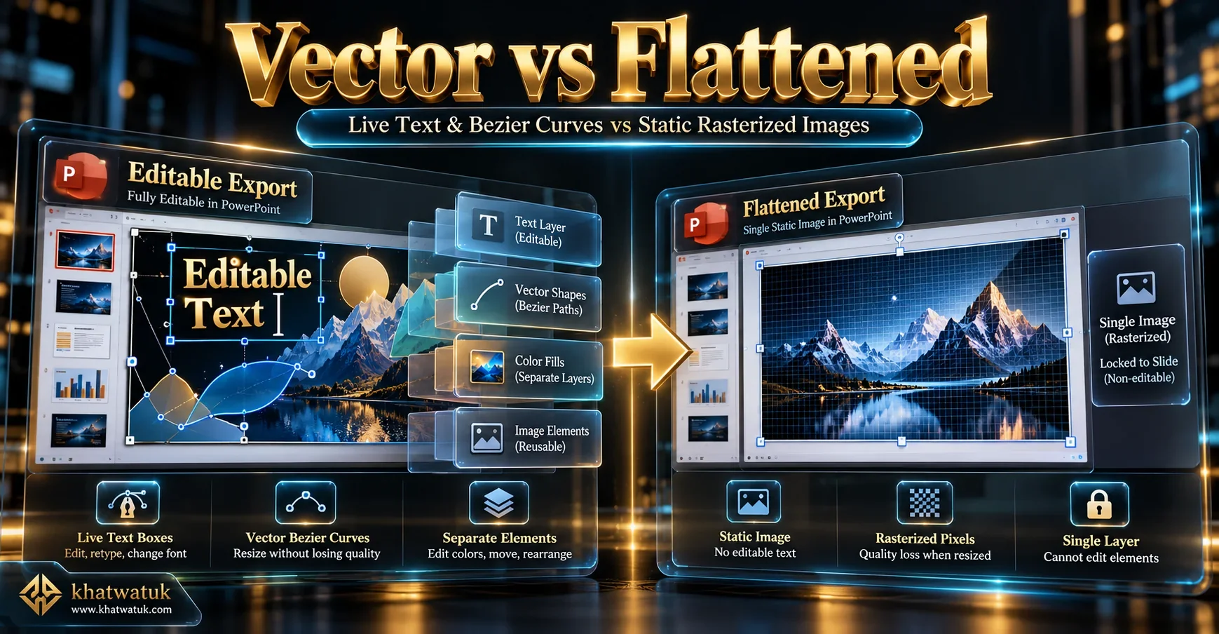 Technical diagram comparing editable vector PowerPoint shapes against flattened rasterized background images
