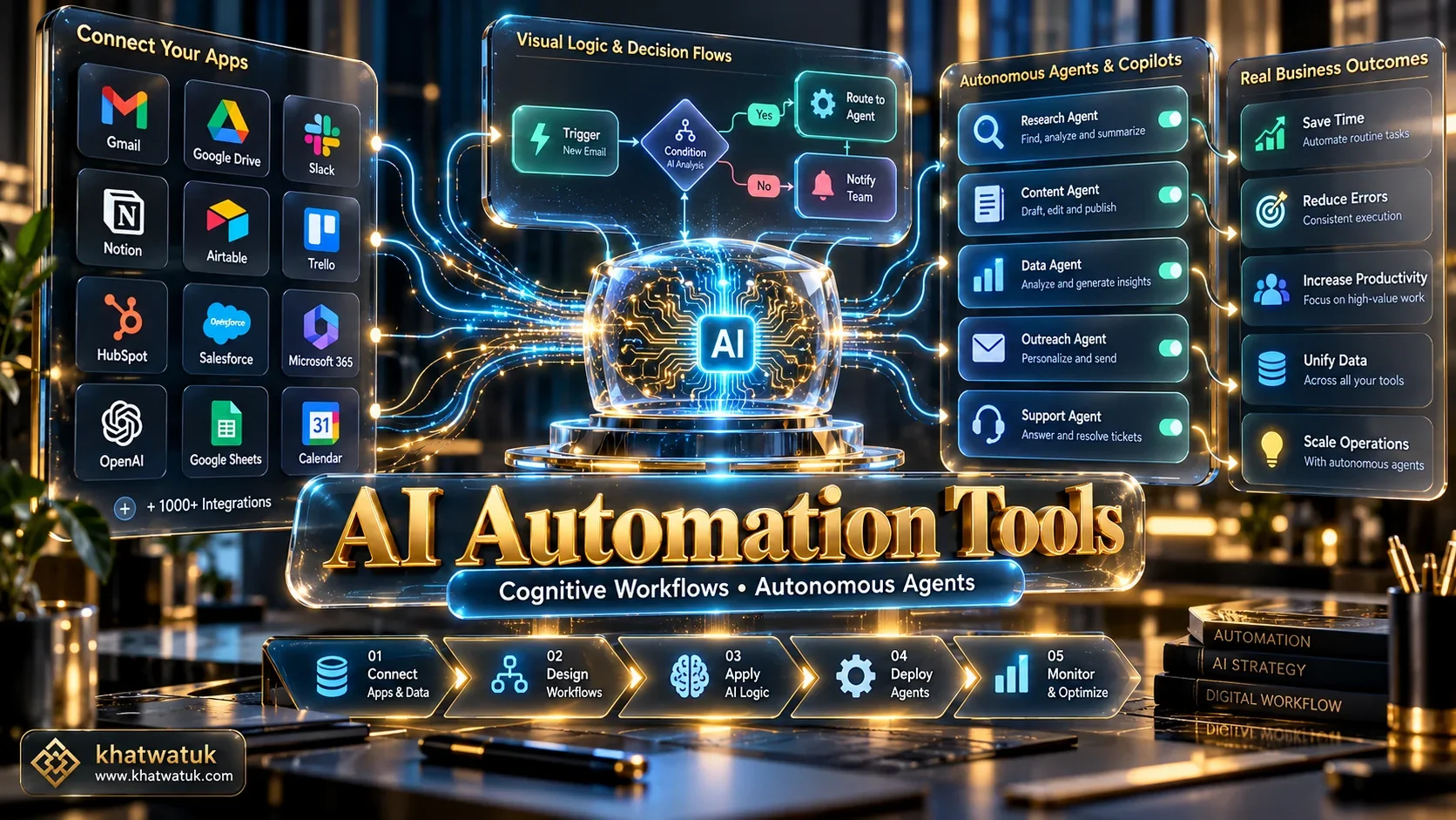 Strategic decision framework diagram showing how modern AI automation tools connect cloud apps, visual logic scenarios, and autonomous agents.