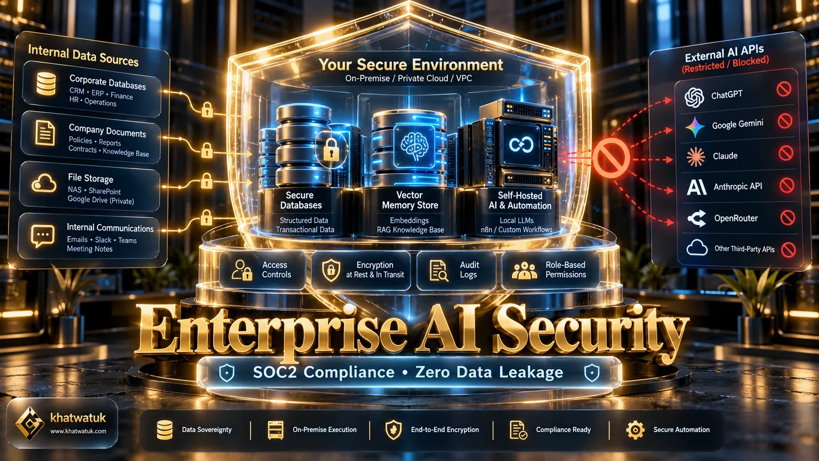 Enterprise security diagram illustrating data sovereignty, SOC2 compliance, and local model deployment in automated workflows.