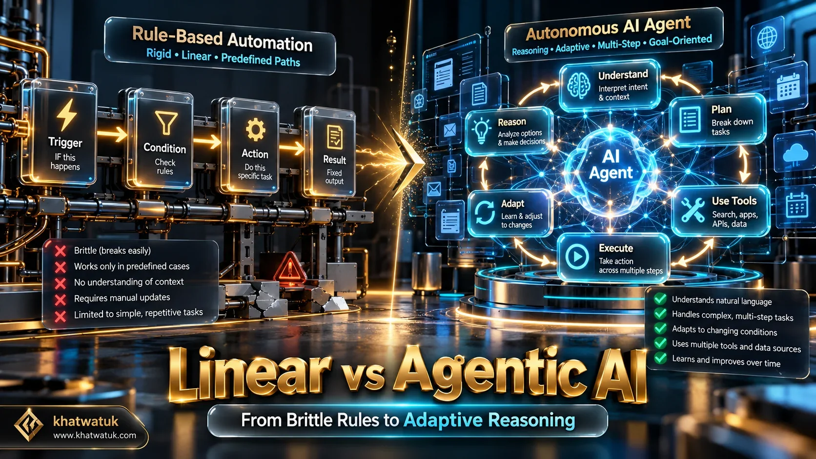 Comparative illustration contrasting rigid linear workflow automation triggers with adaptive autonomous AI agents.