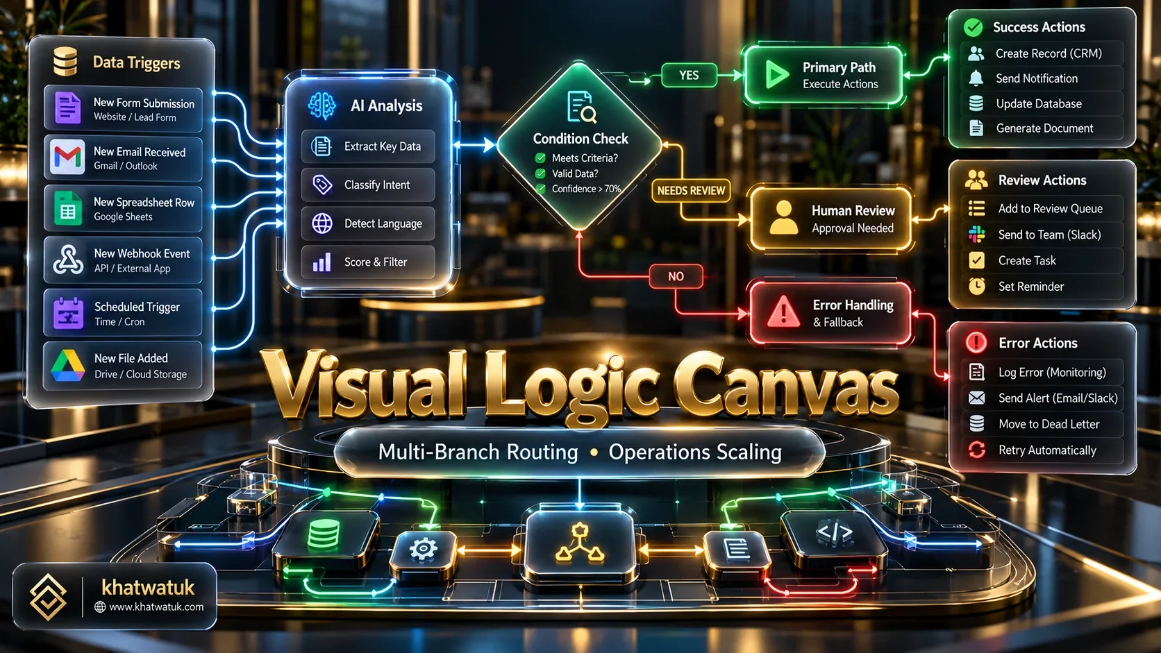Detailed diagram of a visual workflow automation canvas handling conditional data branches and error directives.