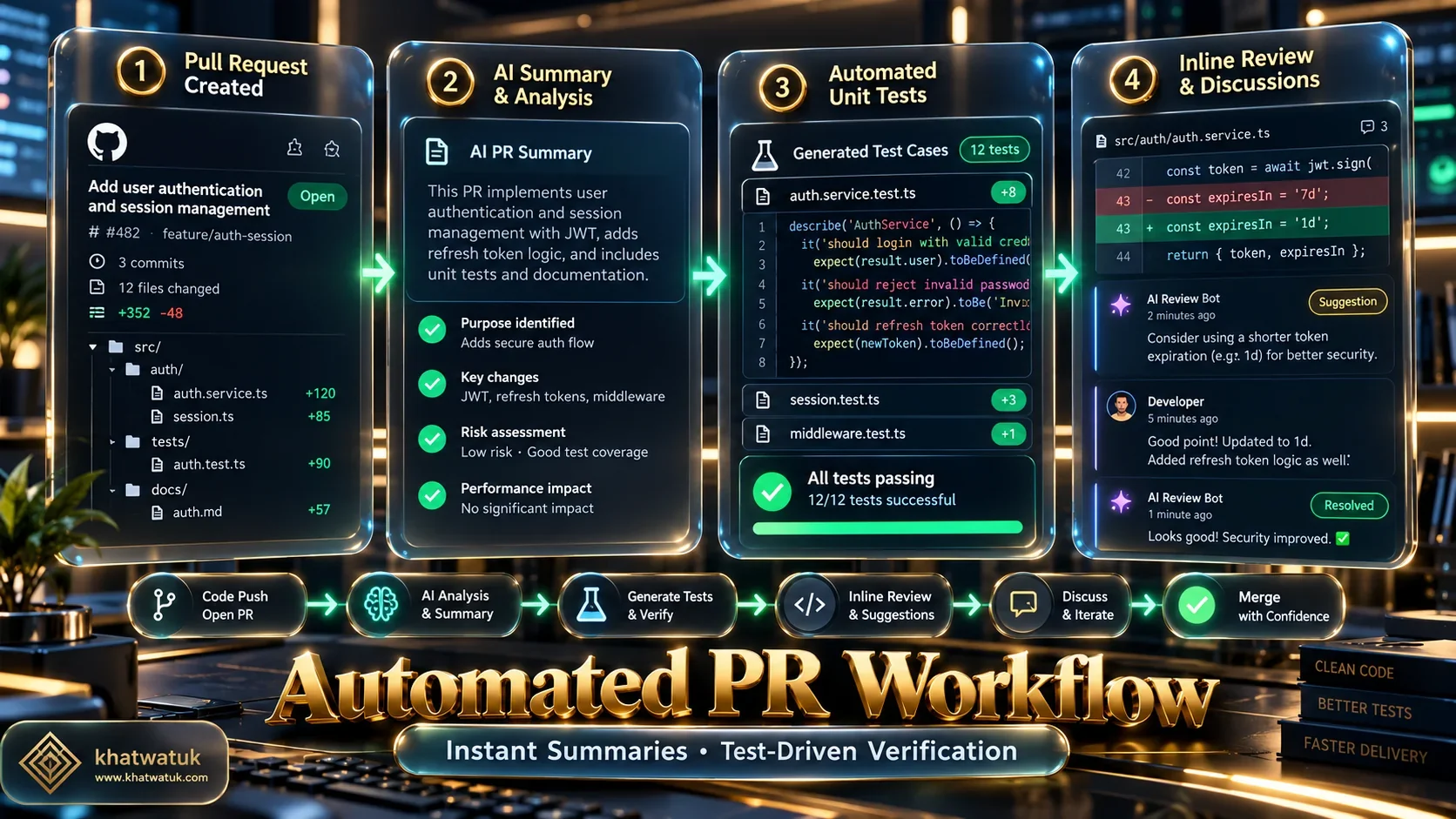 Workflow diagram illustrating how AI review bots generate pull request summaries, test cases, and inline suggestions.