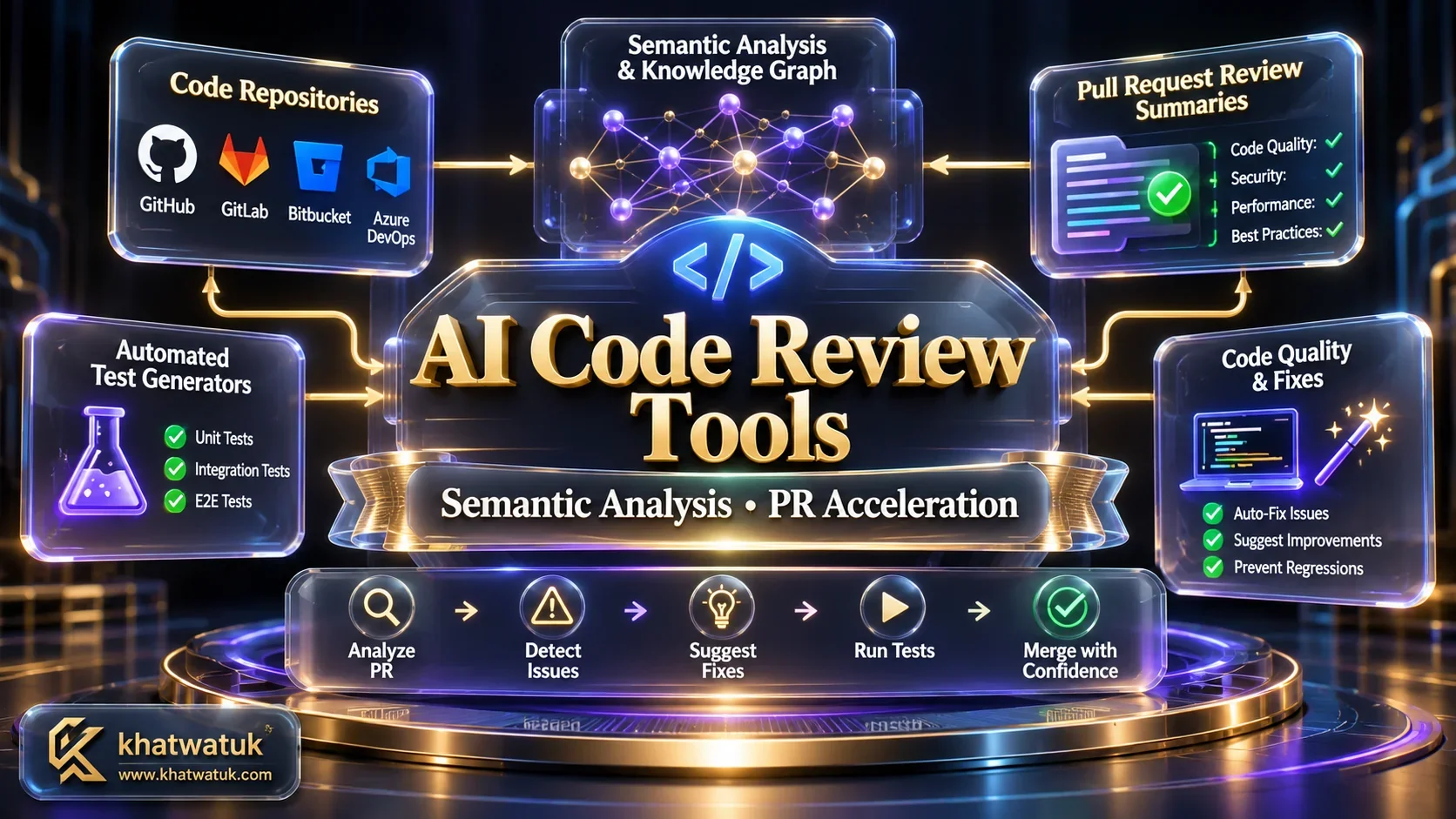 Strategic decision framework diagram showing how modern AI code review tools analyze pull requests, build semantic knowledge graphs, and automate code quality checks.