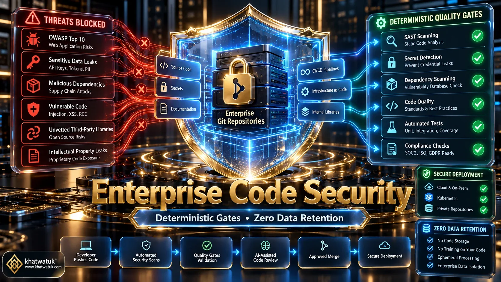 Enterprise security architecture diagram illustrating zero data retention, SAST scanning, and deterministic quality gates in AI-assisted code reviews.