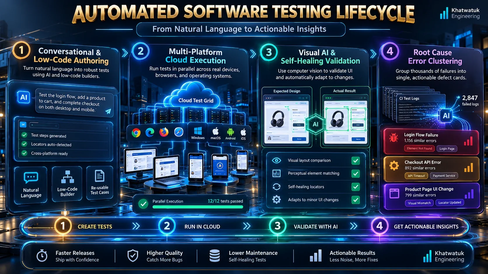 End-to-end automated software testing workflow diagram showing test authoring, multi-platform execution, and AI failure clustering.