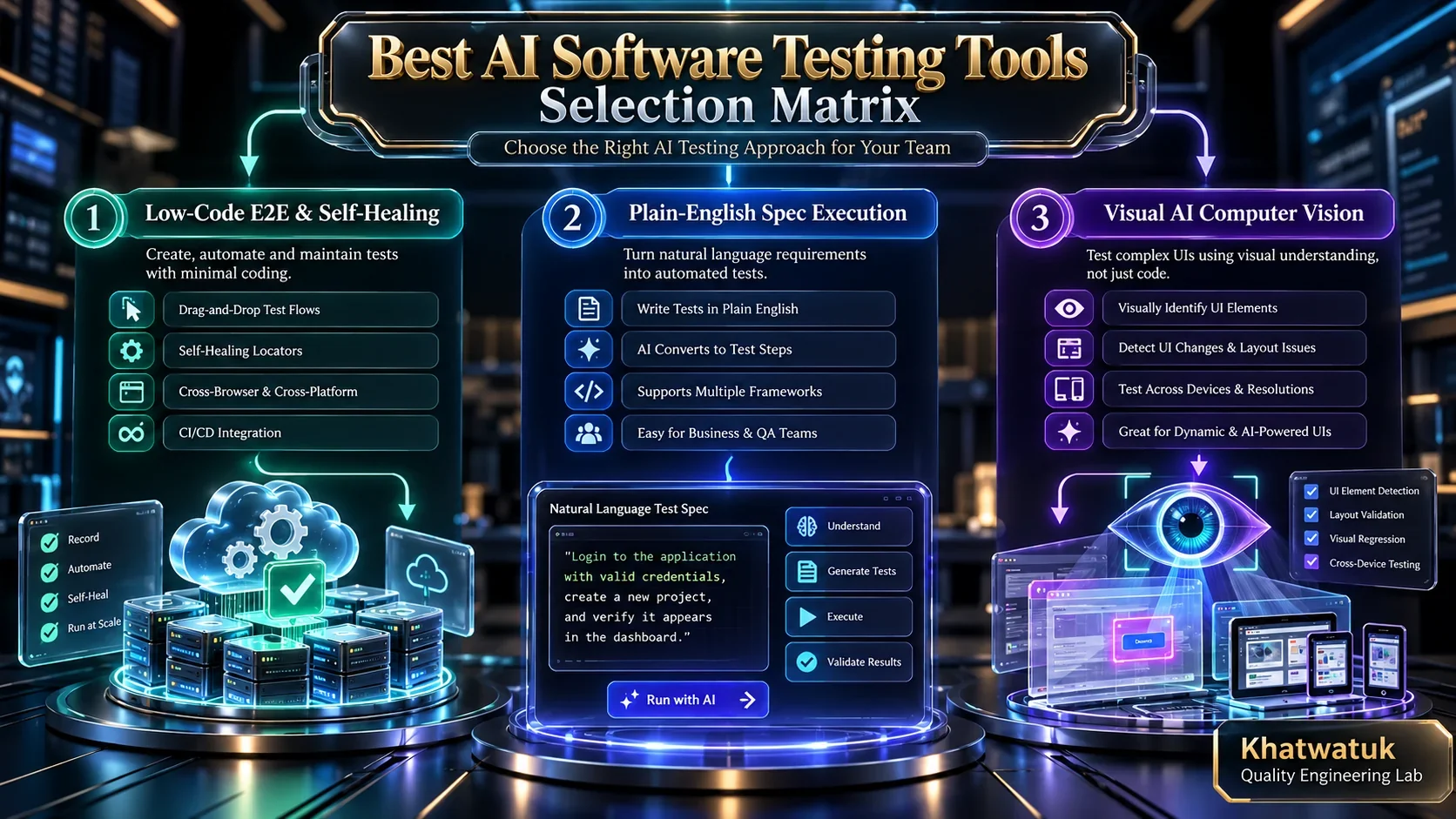 Strategic architectural decision framework diagram showing how modern AI software testing tools analyze web applications, execute self-healing locators, and automate end-to-end quality assurance.