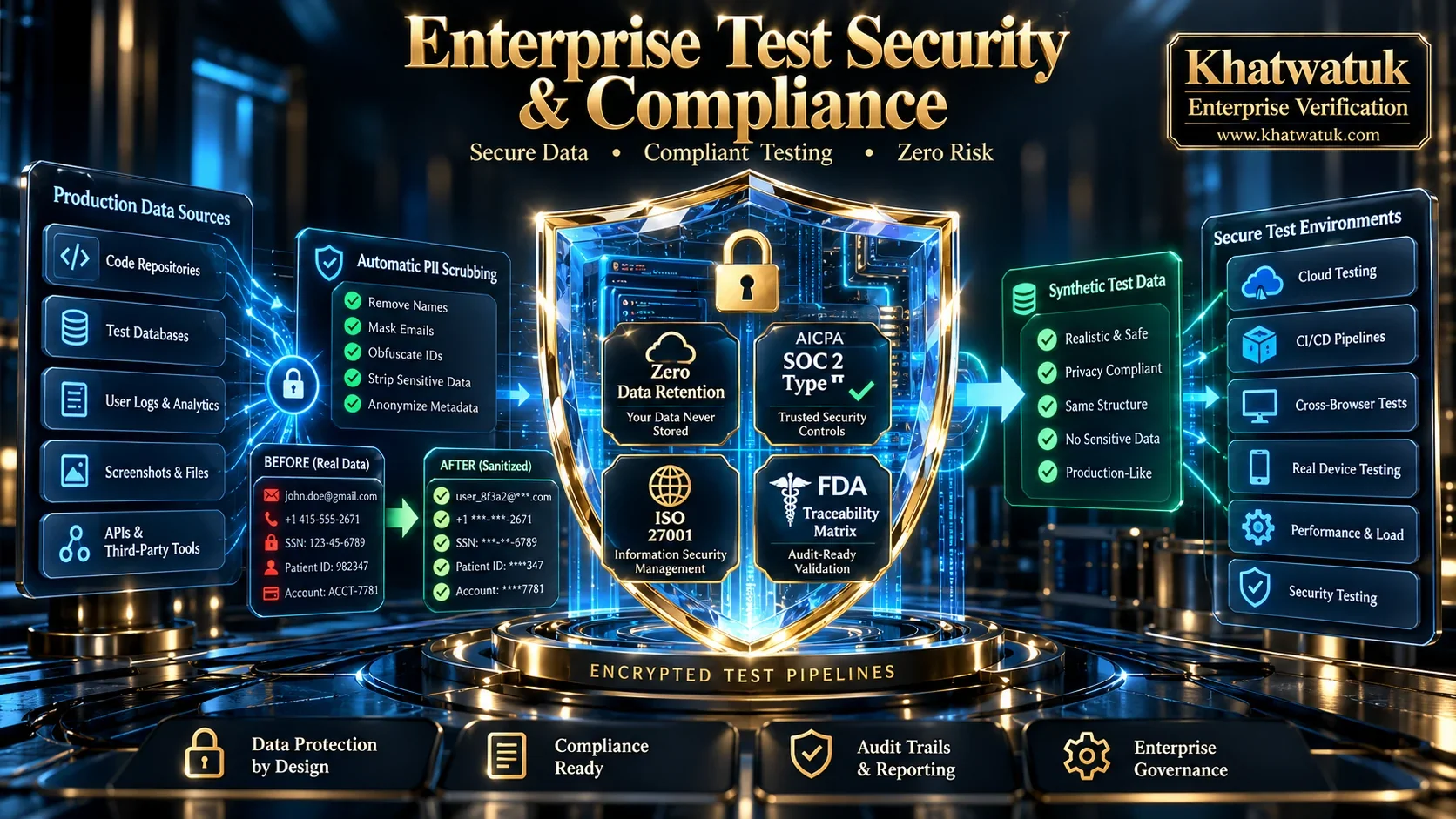 Enterprise security architecture diagram illustrating zero data retention, SOC2 Type II compliance, synthetic test data generation, and audit traceability.