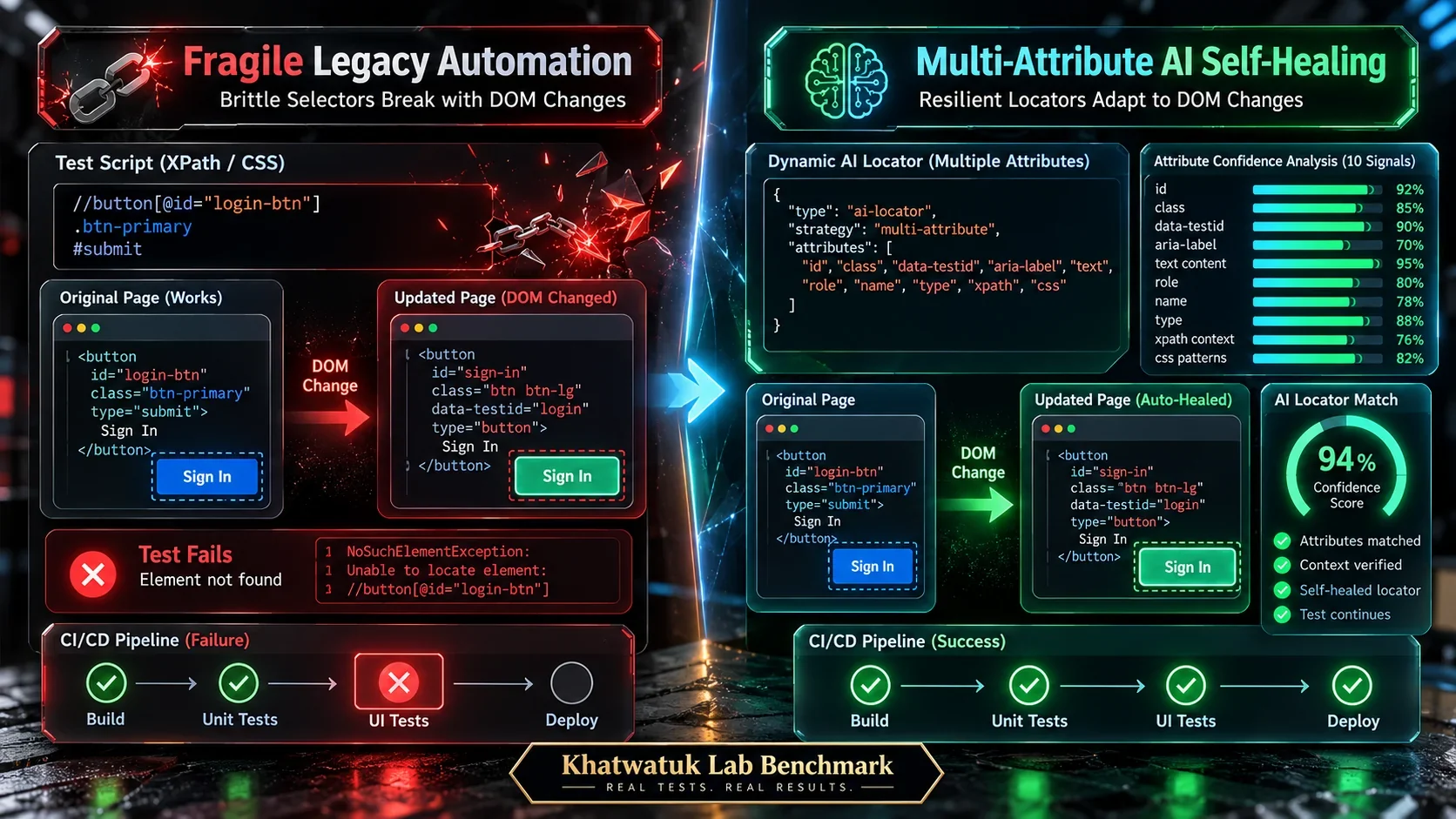 Infographic diagram contrasting fragile legacy CSS and XPath selectors with resilient multi-attribute AI self-healing dynamic locators.