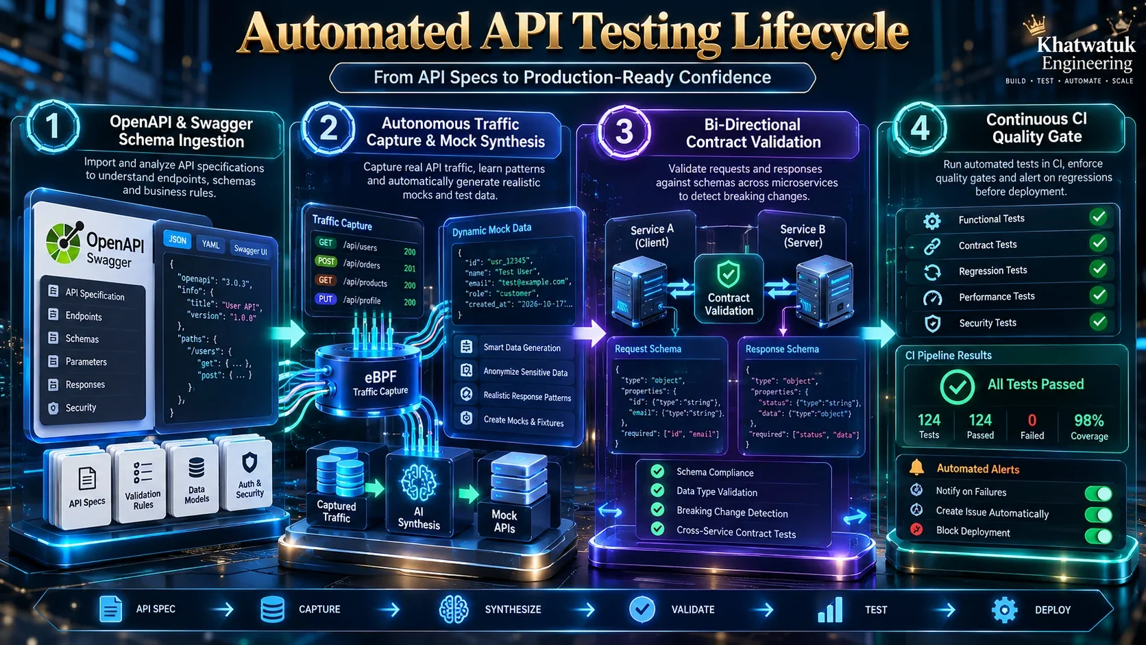 Automated API contract testing and mock pipeline diagram illustrating OpenAPI schema ingestion, traffic capture, and CI quality gates.