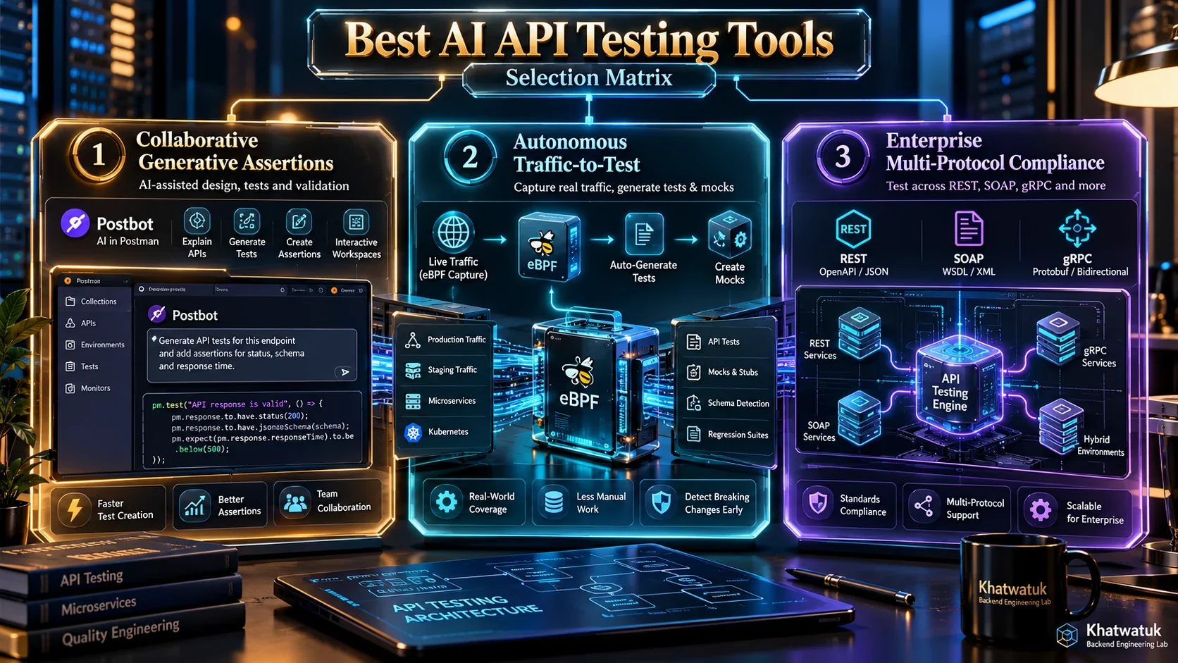 Strategic architectural decision framework diagram showing how modern AI API testing tools analyze endpoints, generate synthetic mocks, and automate contract validation.