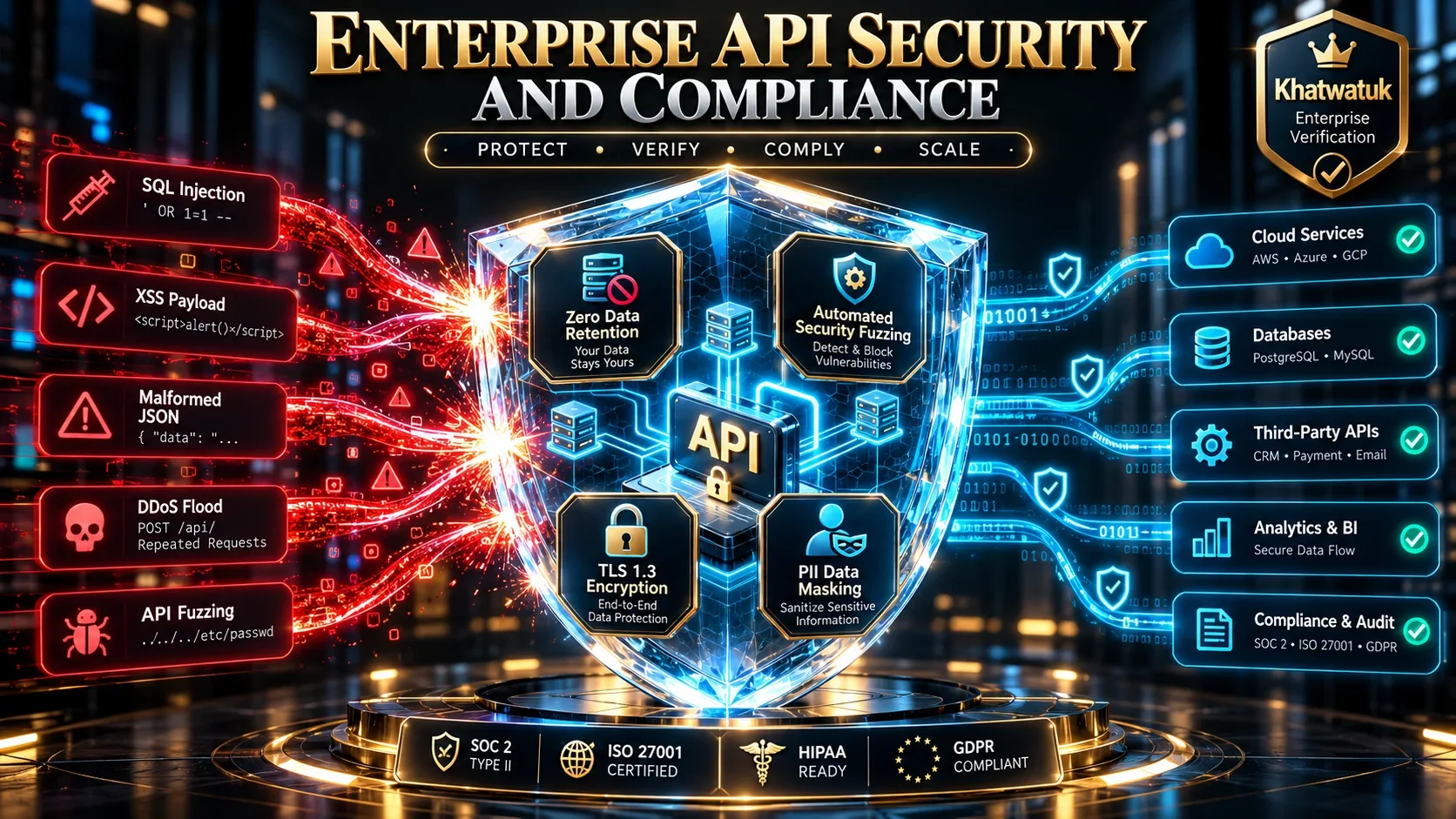 Enterprise API security architecture diagram illustrating zero data retention, TLS 1.3 encryption, automated security fuzzing, and PII masking.