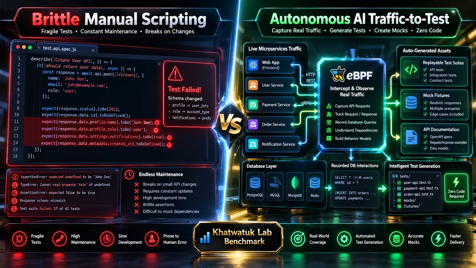 Infographic diagram contrasting brittle manual API test script authoring with autonomous AI traffic-to-test recording and dependency mocking.