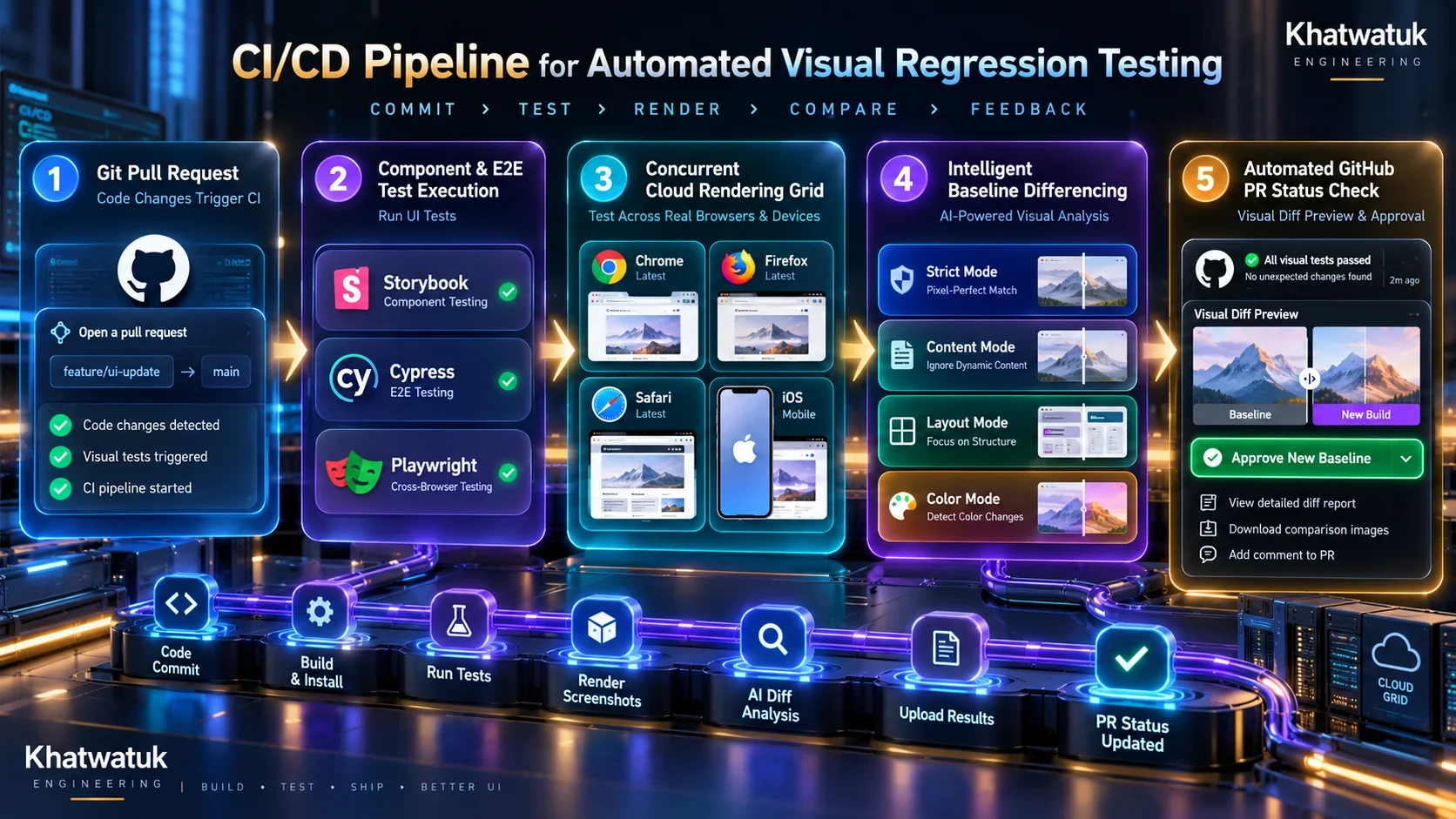Automated AI UI Testing in CI/CD: Baseline Branching, Pull Request Visual Checks, and Cloud Rendering Grid