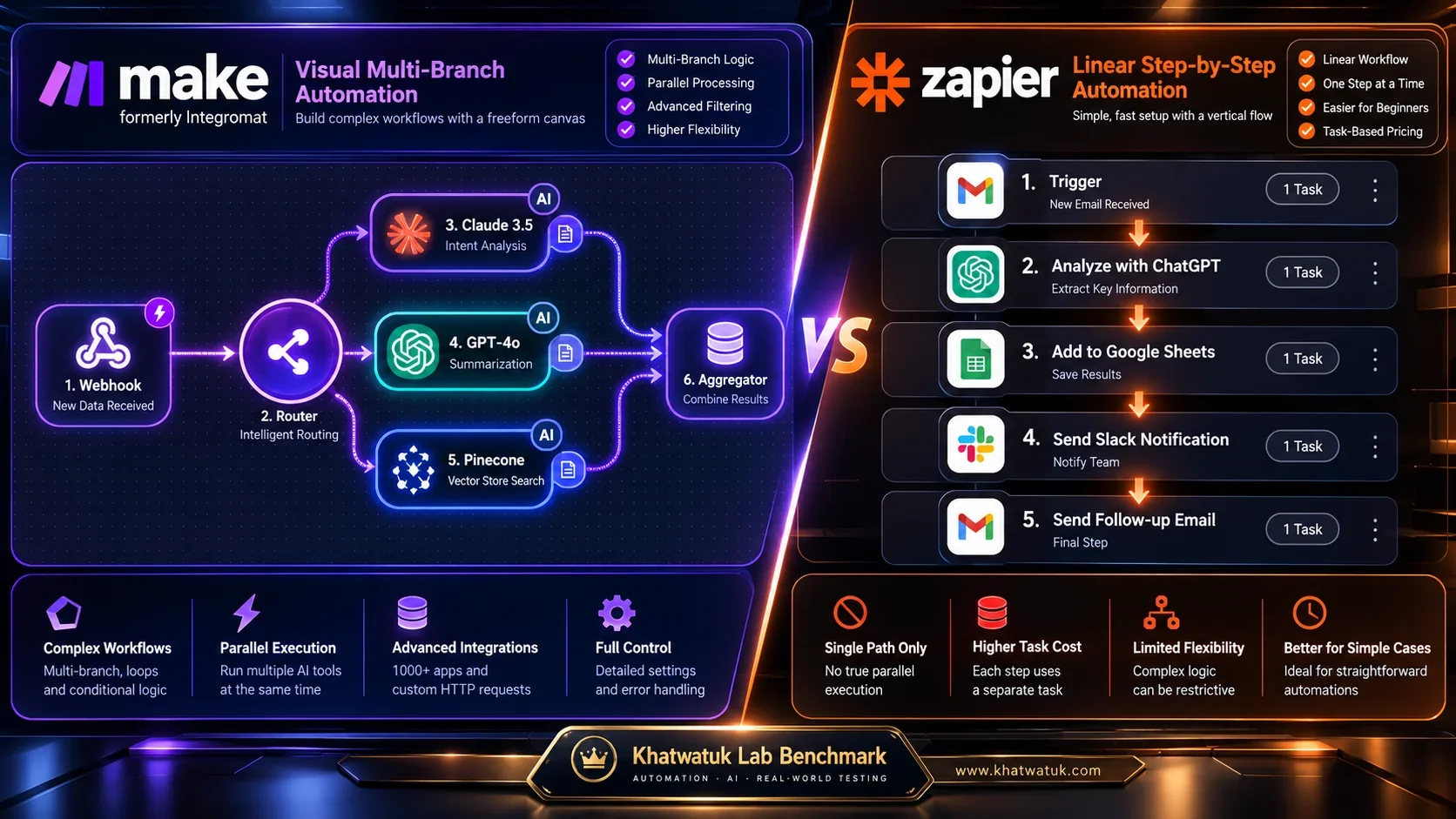 Make Visual Multi-Branch Canvas vs Zapier Linear Step Flow: Visualizing AI Workflow Architecture