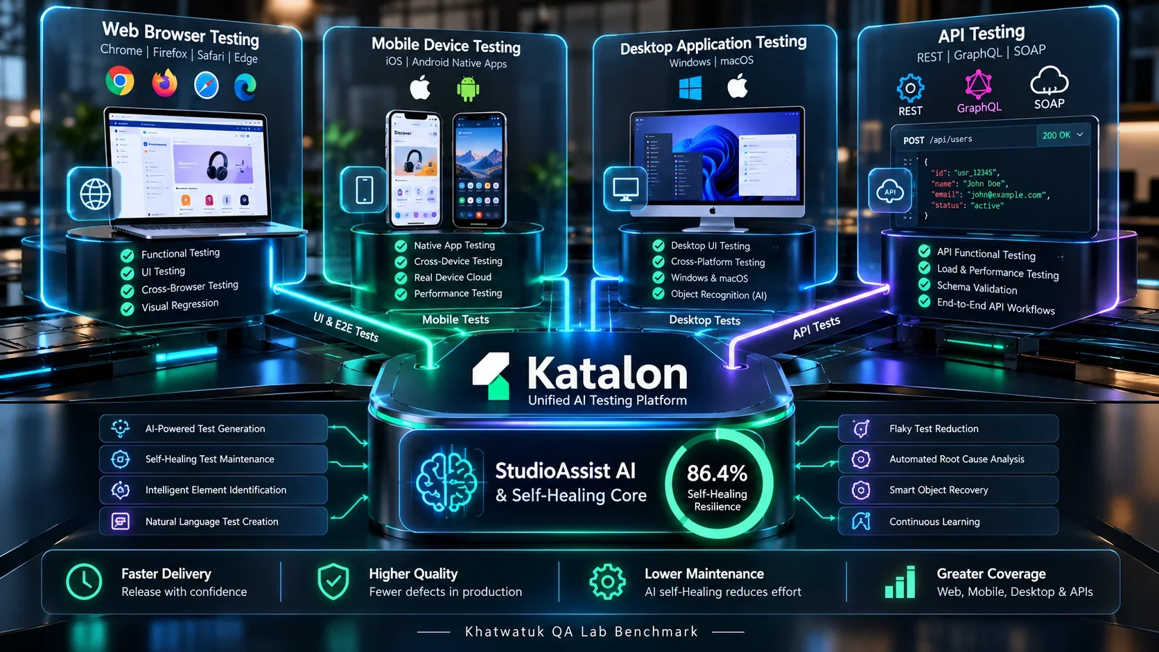 Katalon AI Testing Platform Architecture: StudioAssist, Self-Healing Engine, TestCloud, and Universal Multi-Tier Coverage