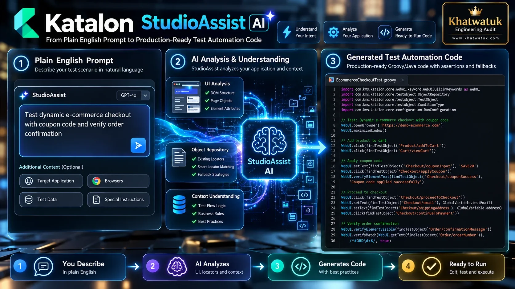 Katalon StudioAssist Prompt to Code Workflow: Generating Robust Groovy Test Scripts from Plain English Prompts