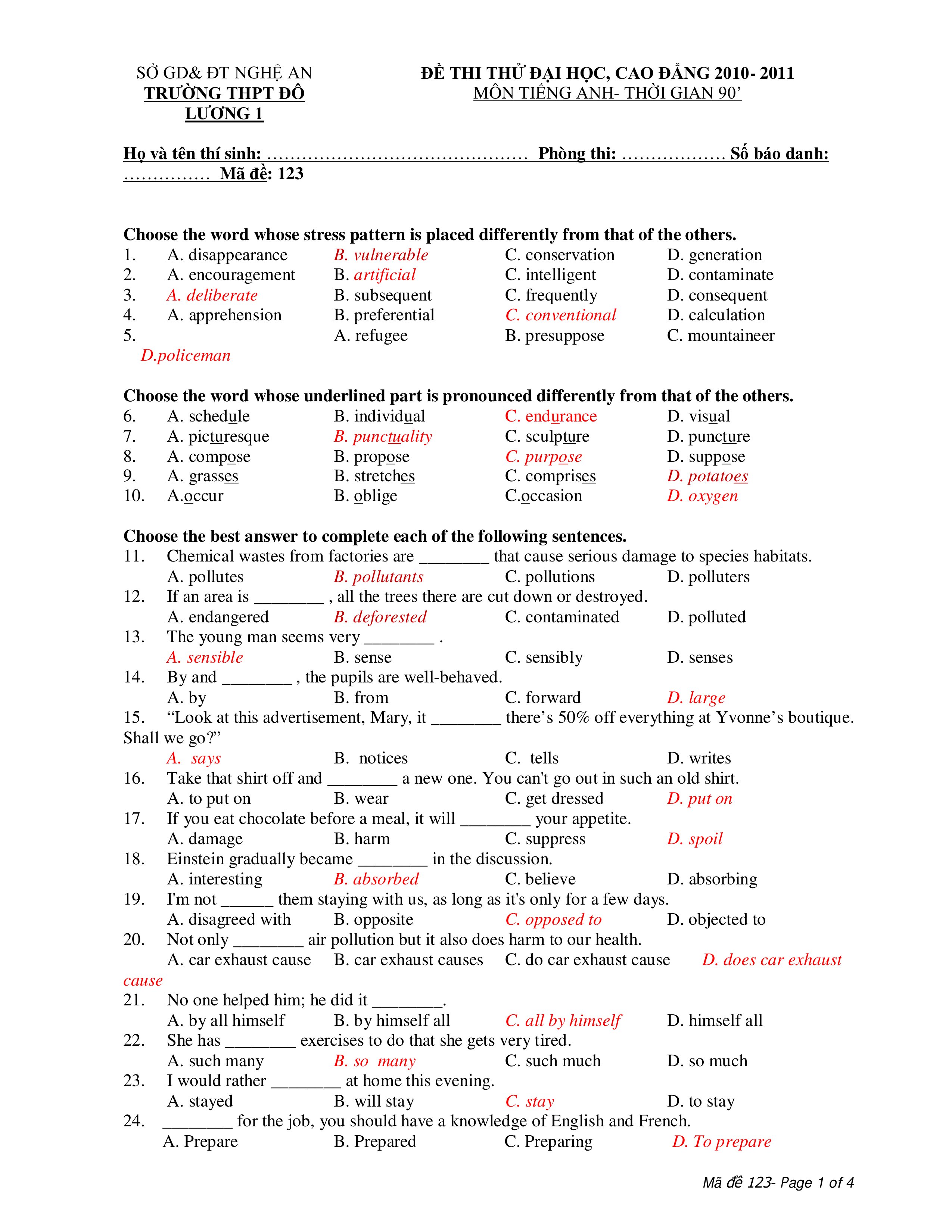 ĐỀ THI THỬ ĐẠI HỌC, CAO ĐẲNG 2010- 2011 MÔN TIẾNG ANH - Mã đề: 123 pdf
