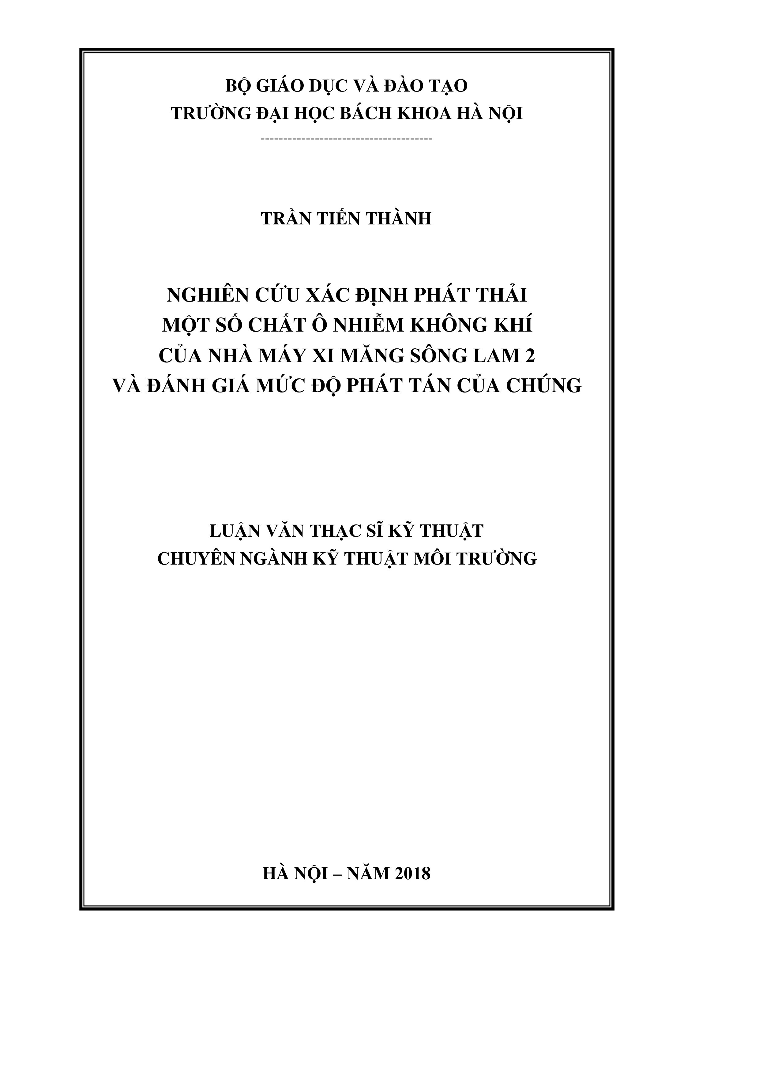 Nghiên cứu xác định phát thải một số chất ô nhiễm không khí của Nhà máy xi măng sông Lam 2 và đánh giá mức độ phát tán của chúng