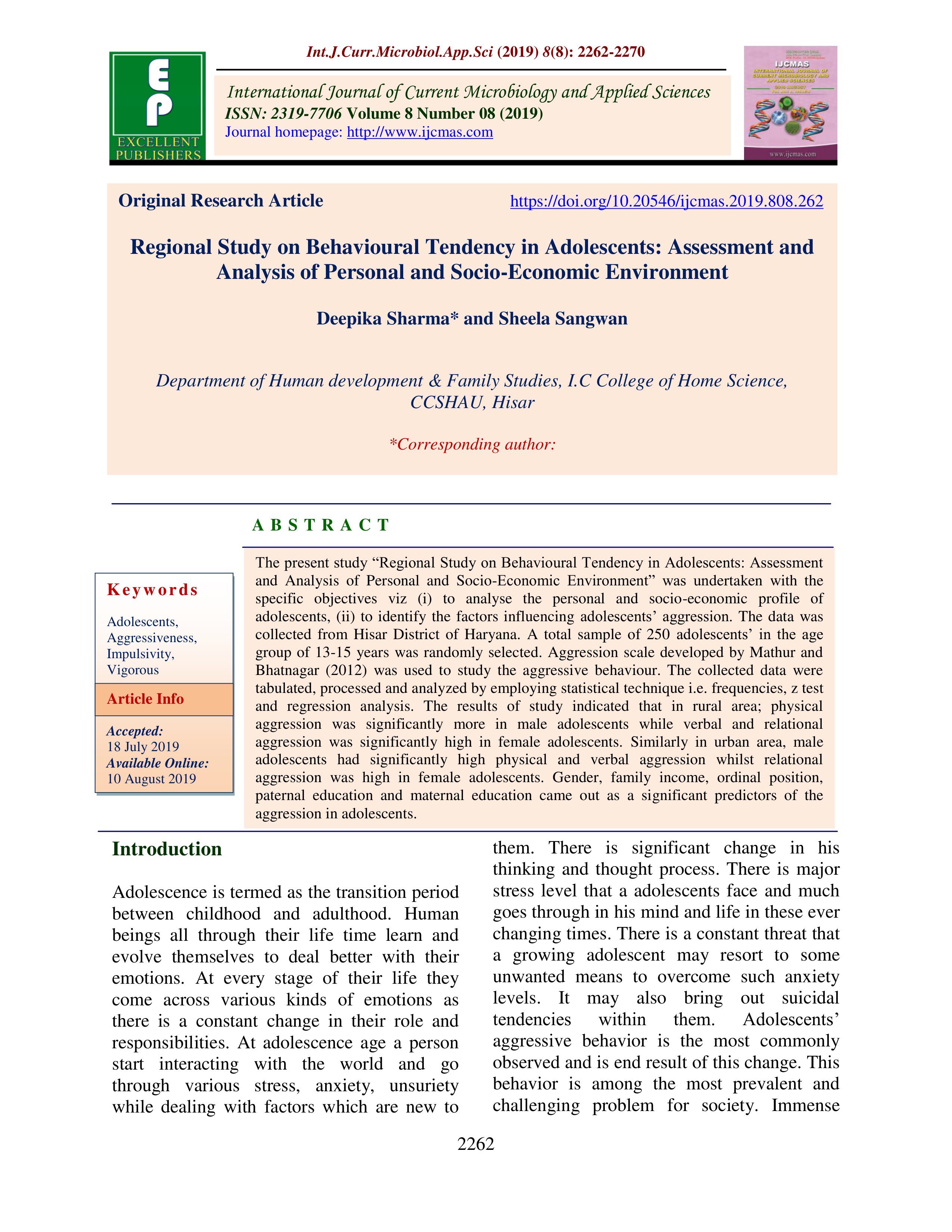 Regional study on behavioural tendency in adolescents: Assessment and analysis of personal and