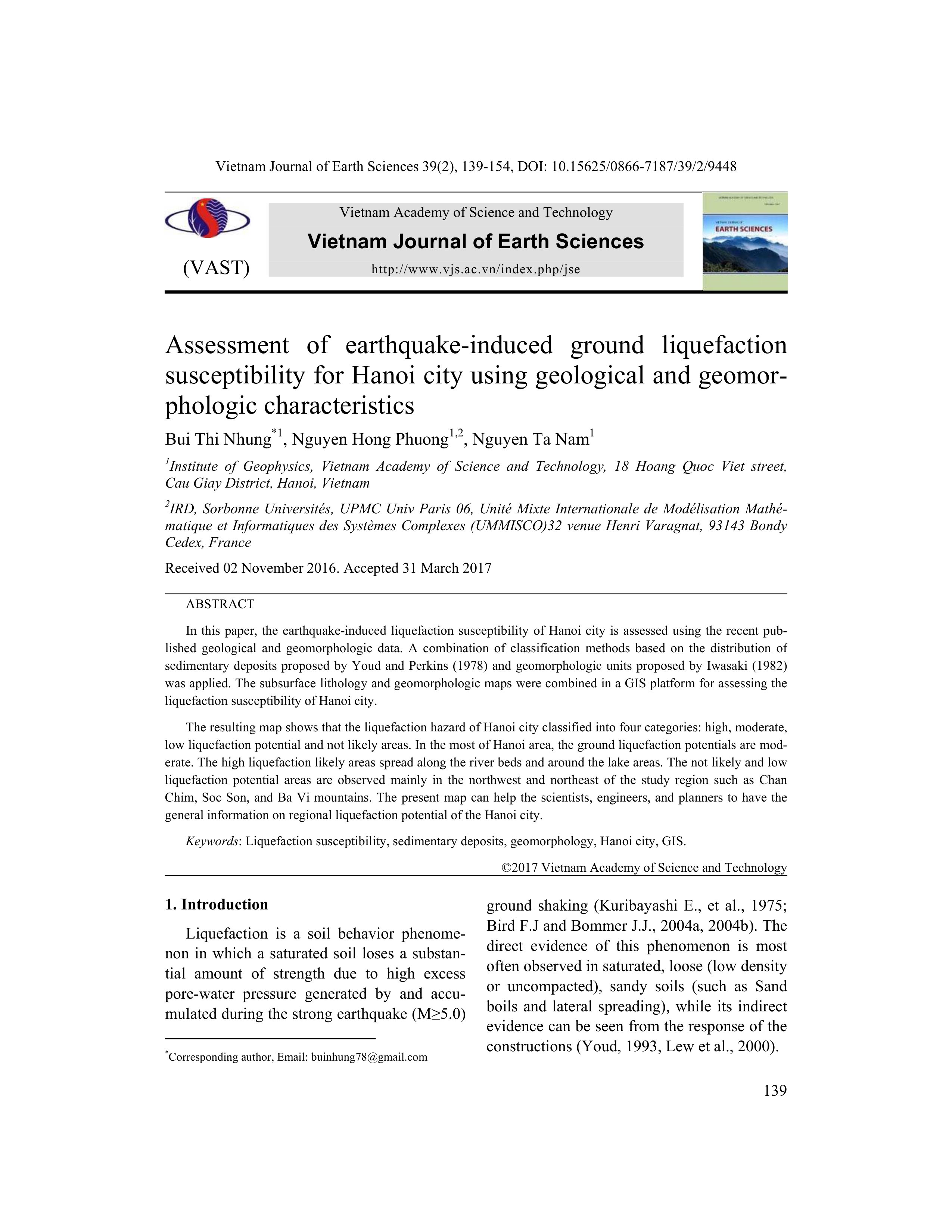 Assessment of earthquake induced ground liquefaction susceptibility for hanoi city using geological