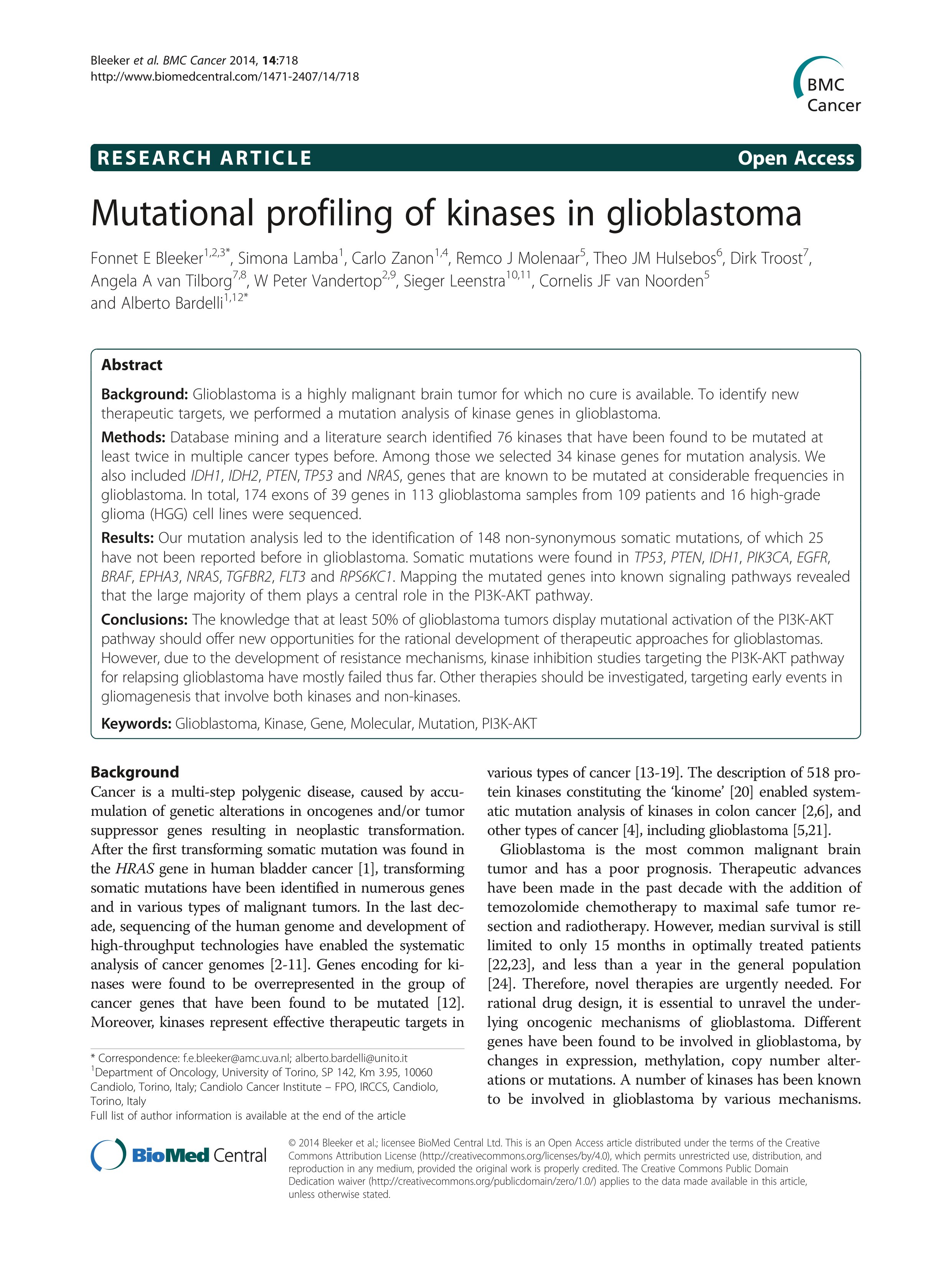 Mutational profiling of kinases in glioblastoma
