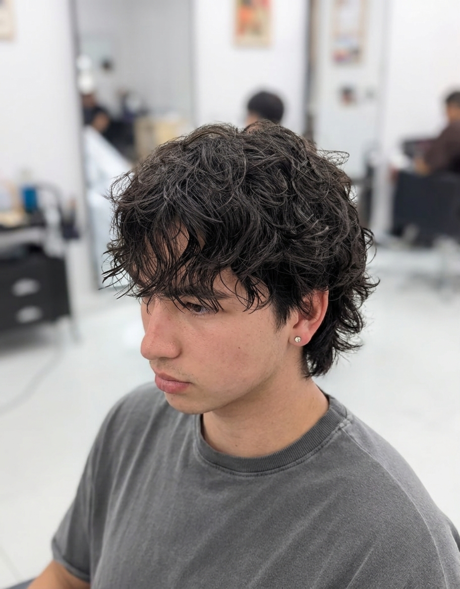 Wavy hairstyle with a forward fringe, separated strands, and length through the nape at B SIDE U San Gabriel.