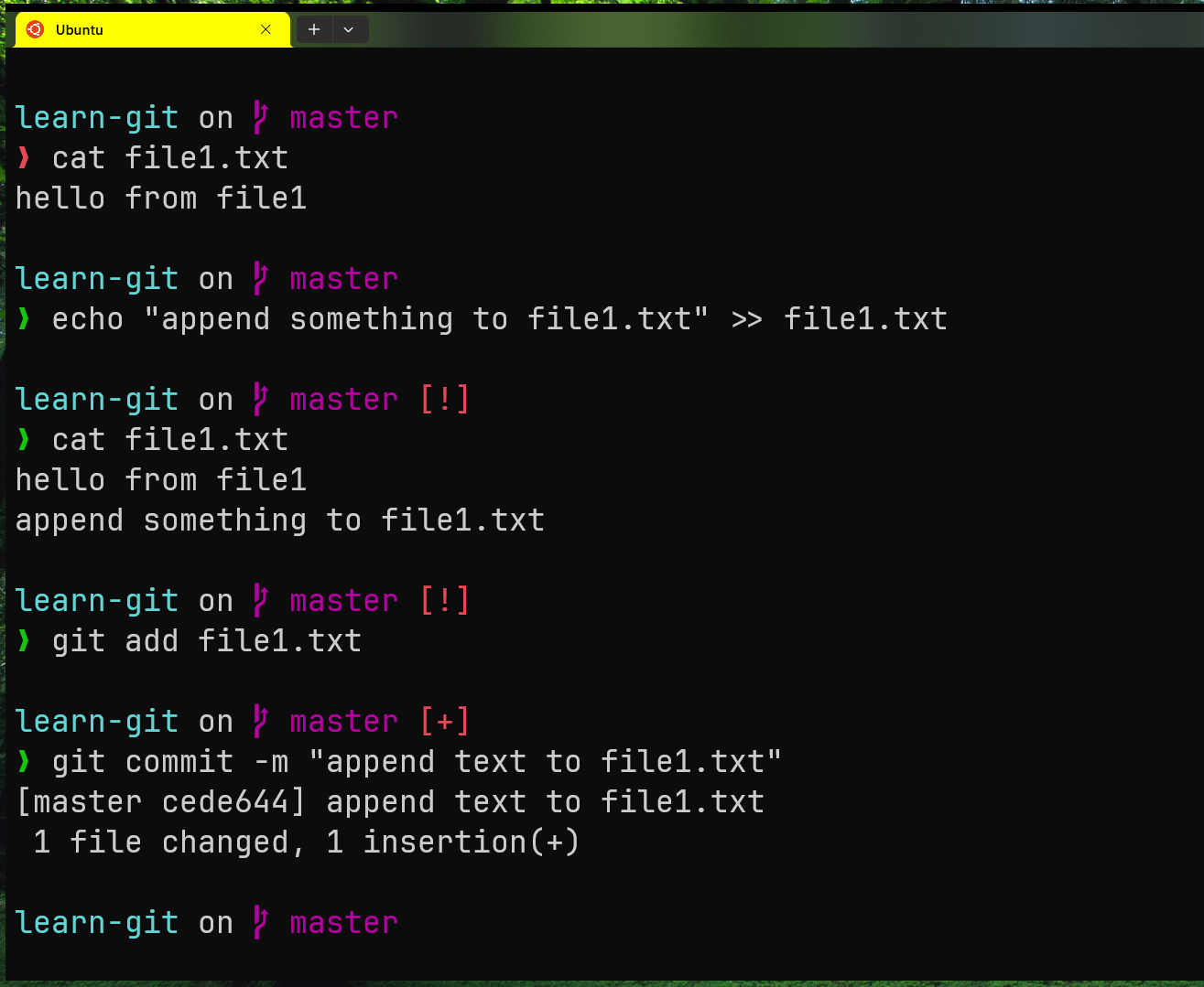 image of adding something to file1.txt and commiting it