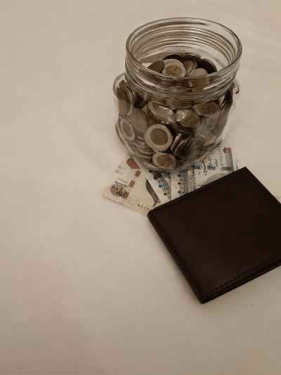 Egyptian Coins Jar, Banknotes and Leather Wallet