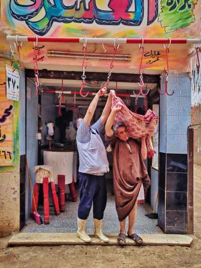 Hanging Eid Meat Inside a Traditional Butcher Shop in Saqiyat Abu Shaara