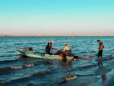 Fishermen Pulling Nets on Lake Timsah Shore, Ismailia
