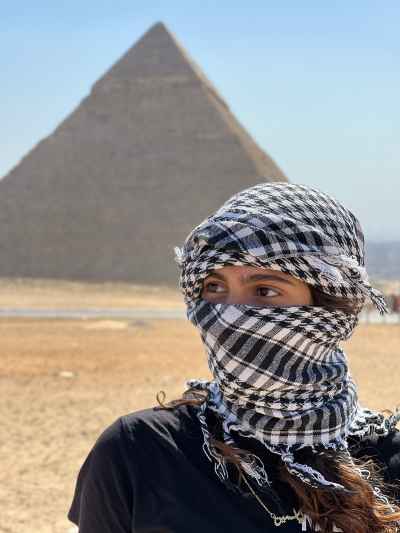 Young Woman with Bedouin Scarf at Giza Pyramids