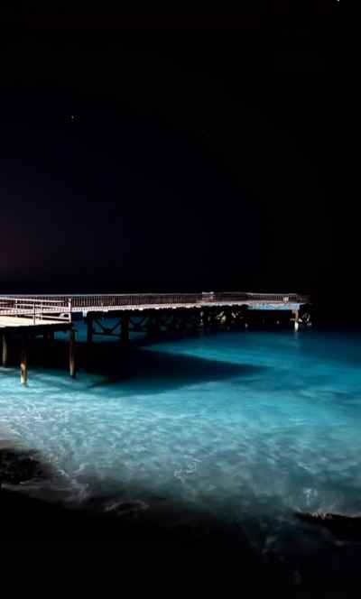 Illuminated Sea Pier at Night, Green Beach Al-Alameen