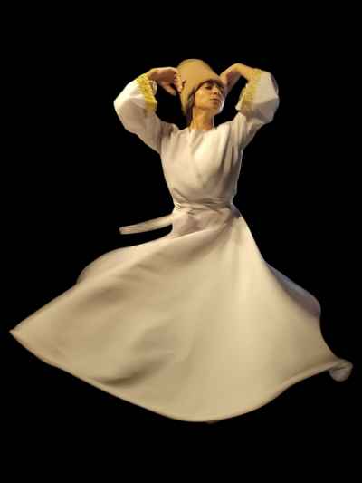 Sufi Whirling Dancer, White Robe, Black Background