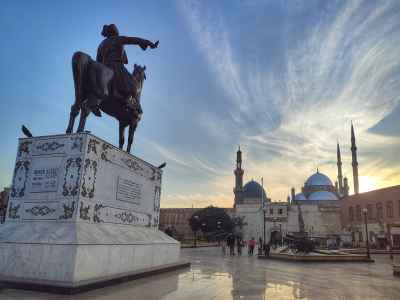 Ibrahim Pasha Equestrian Statue with Mosque at Sunset