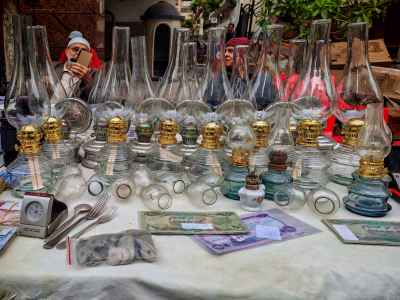 Antique Glass Kerosene Lamps Display, Diana Market Cairo
