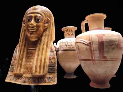 Cartonnage Funerary Mask and Greek Hydria Pottery, Alexandria Museum