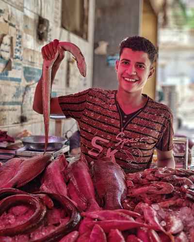 Young Egyptian Fish Vendor Holding Moray Eel, Sayeda Zeinab Market