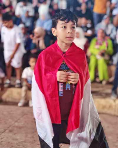 Proud Egyptian Boy Wrapped in National Flag at Celebration