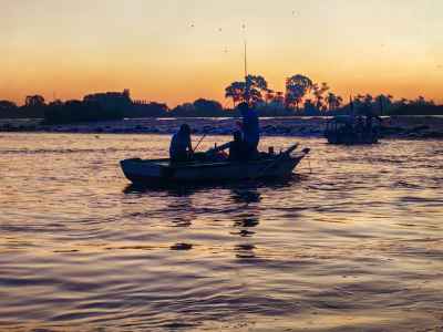 Fishermen on Nile Boat at Sunrise, Qanater Khayriyya